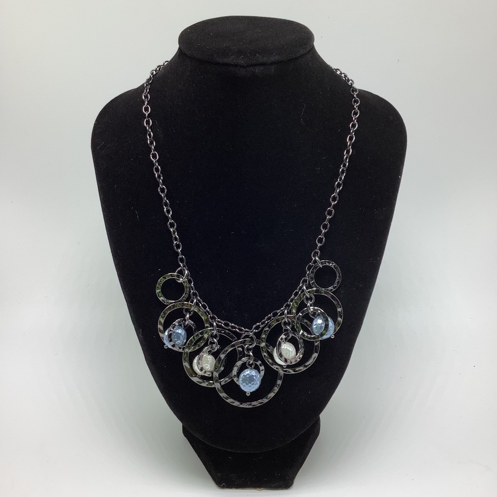 Lia Sophia Galactic Necklace Blue White Beads Hematite Tone Hammered Rings Adjus